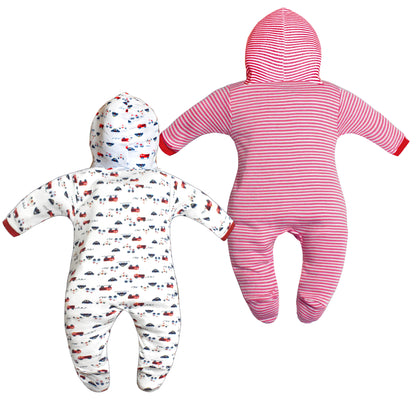 Zoey Red Hooded Full Sleeve Cotton Sleepsuit Rompers for boys & Girls (Pack of 2)
