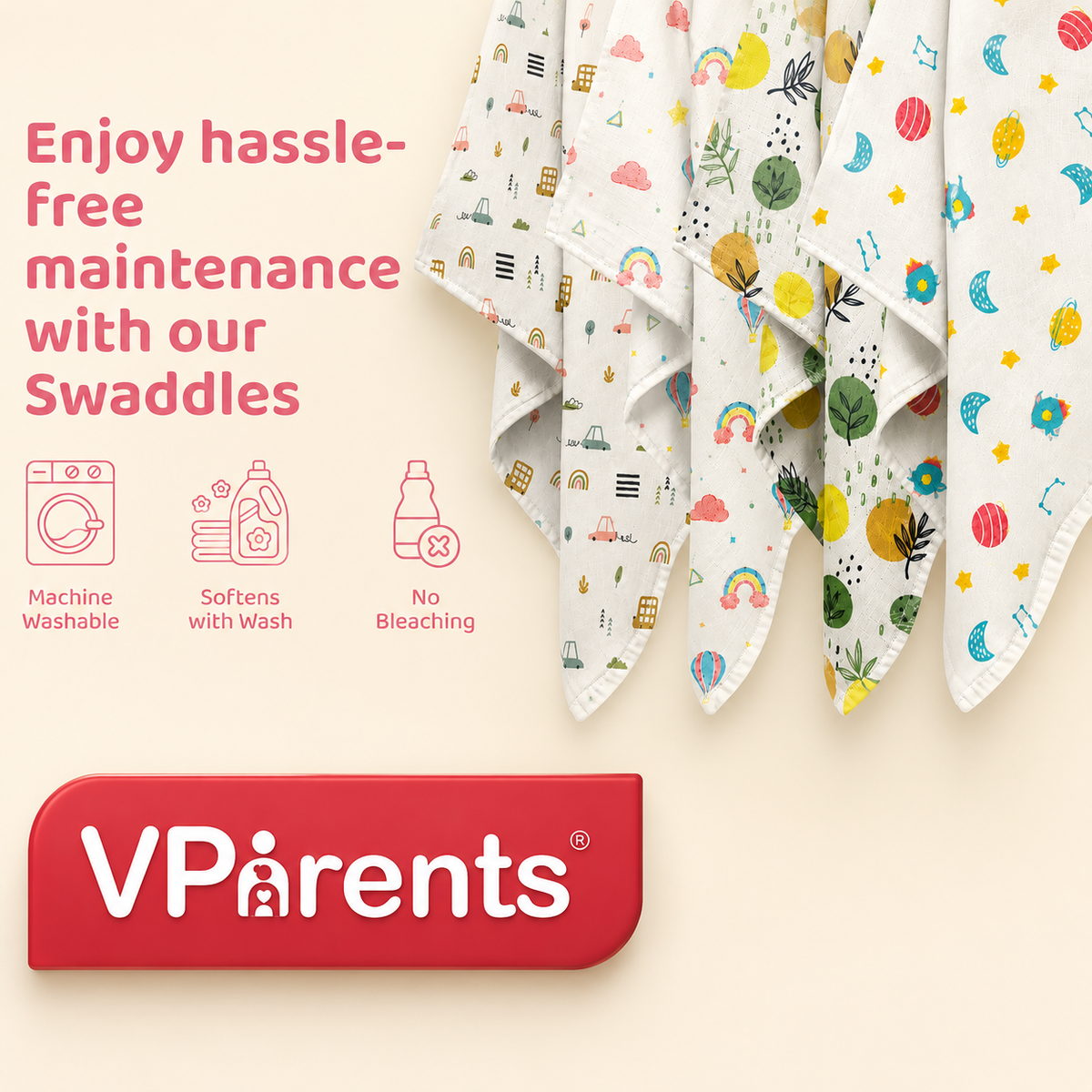 VParents 100% Cotton Muslin Baby Swaddle Set, Printed Muslin Swaddle Wrap for New Born Baby, 95cm x 100cm, 0-18 Month