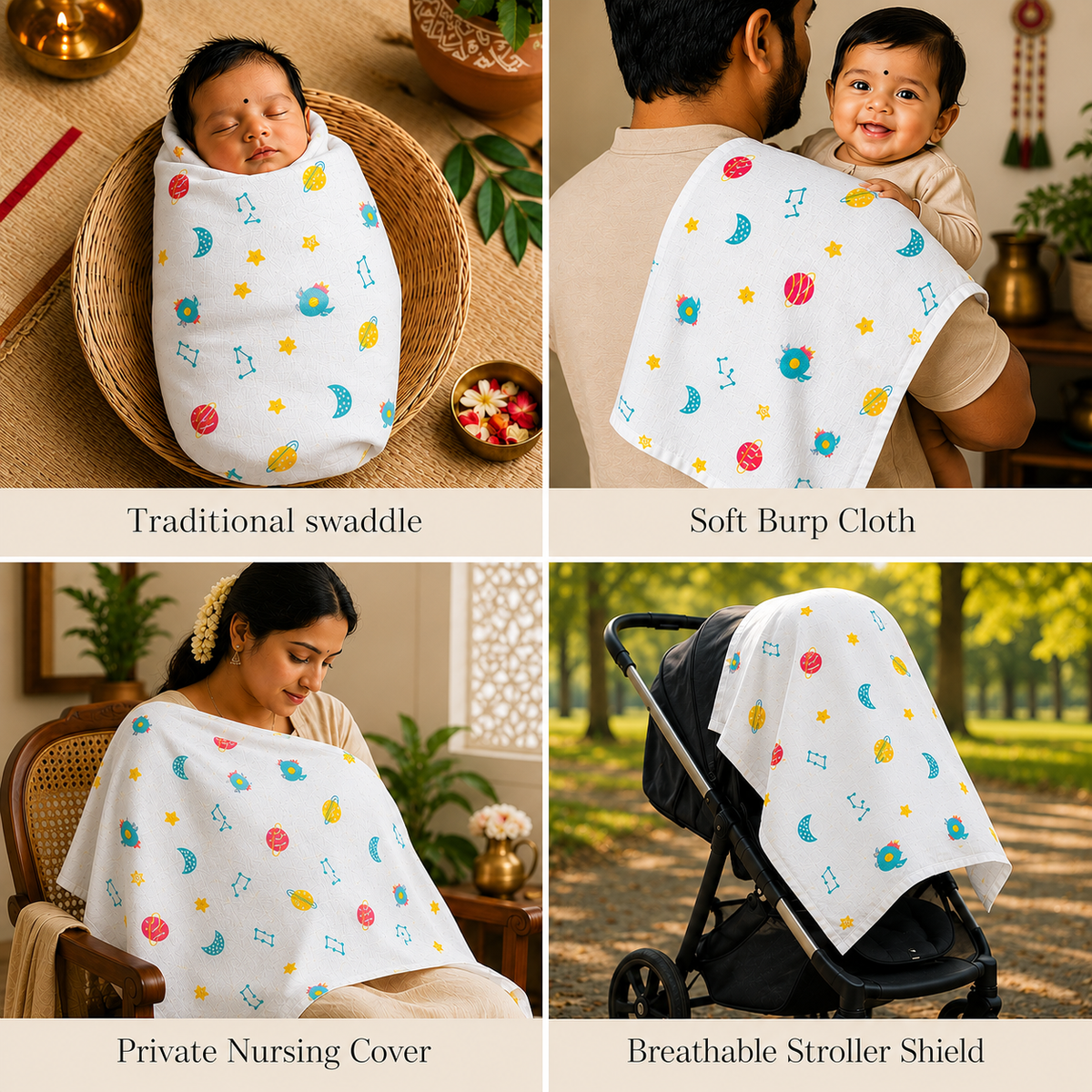VParents 100% Cotton Muslin Baby Swaddle Set, Printed Muslin Swaddle Wrap for New Born Baby, 95cm x 100cm, 0-18 Month