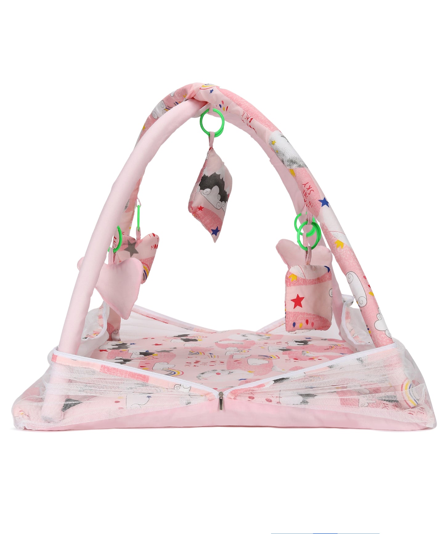 VParents Cloudy Baby Bedding Set Mattress with Mosquito Net Bed Set and Play Gym with Attached Soft Toys (0-12 Months)