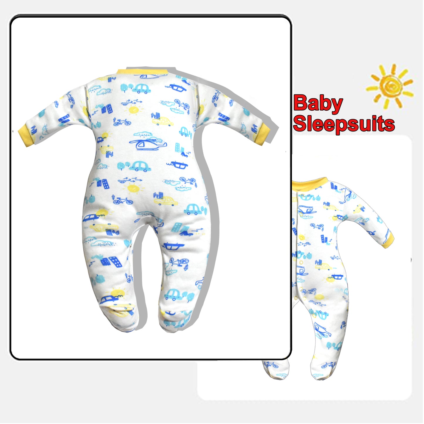 Full Length Printed Baby Footies Sleepsuit Romper Pack of 3-(Yellow)