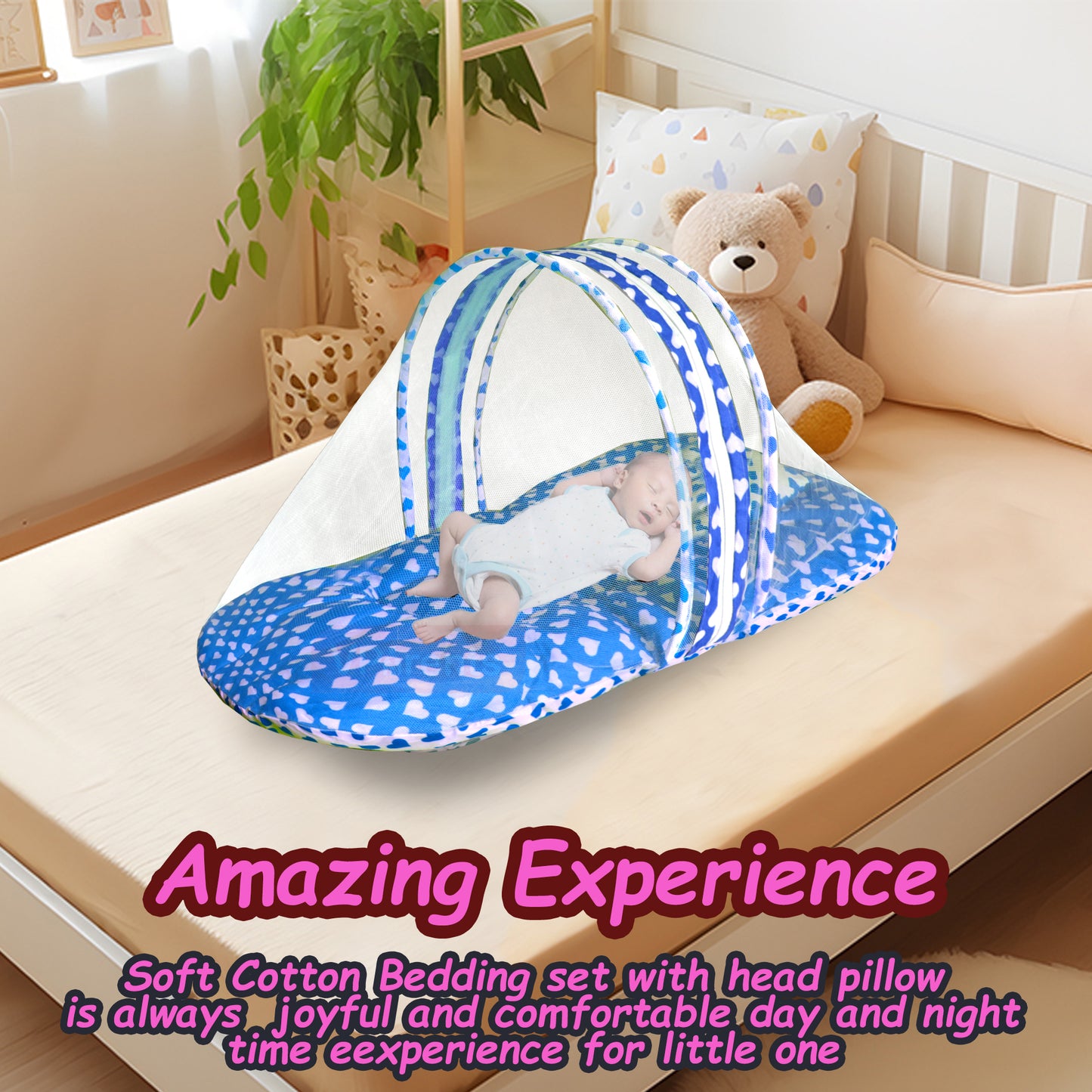 VParents   ROSY Baby Bed with Mosquito Net with Zip Closure & Neck Pillow, Baby Bedding for New Born