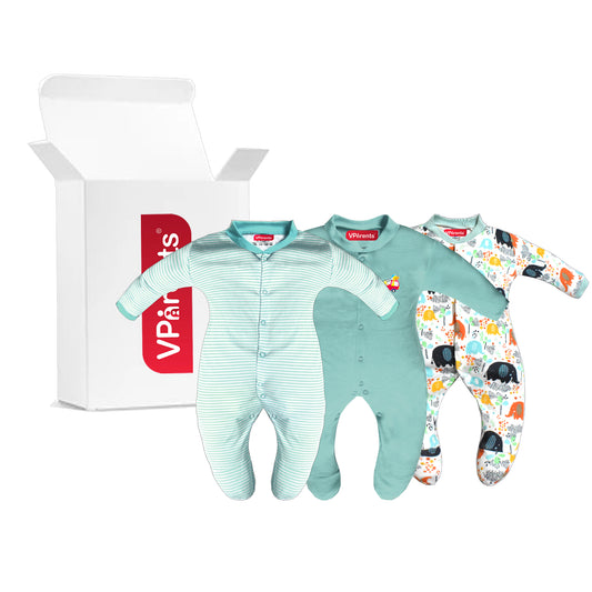 Full Length Printed Baby Footies Sleepsuit Romper Pack of 3-(Green) VParents