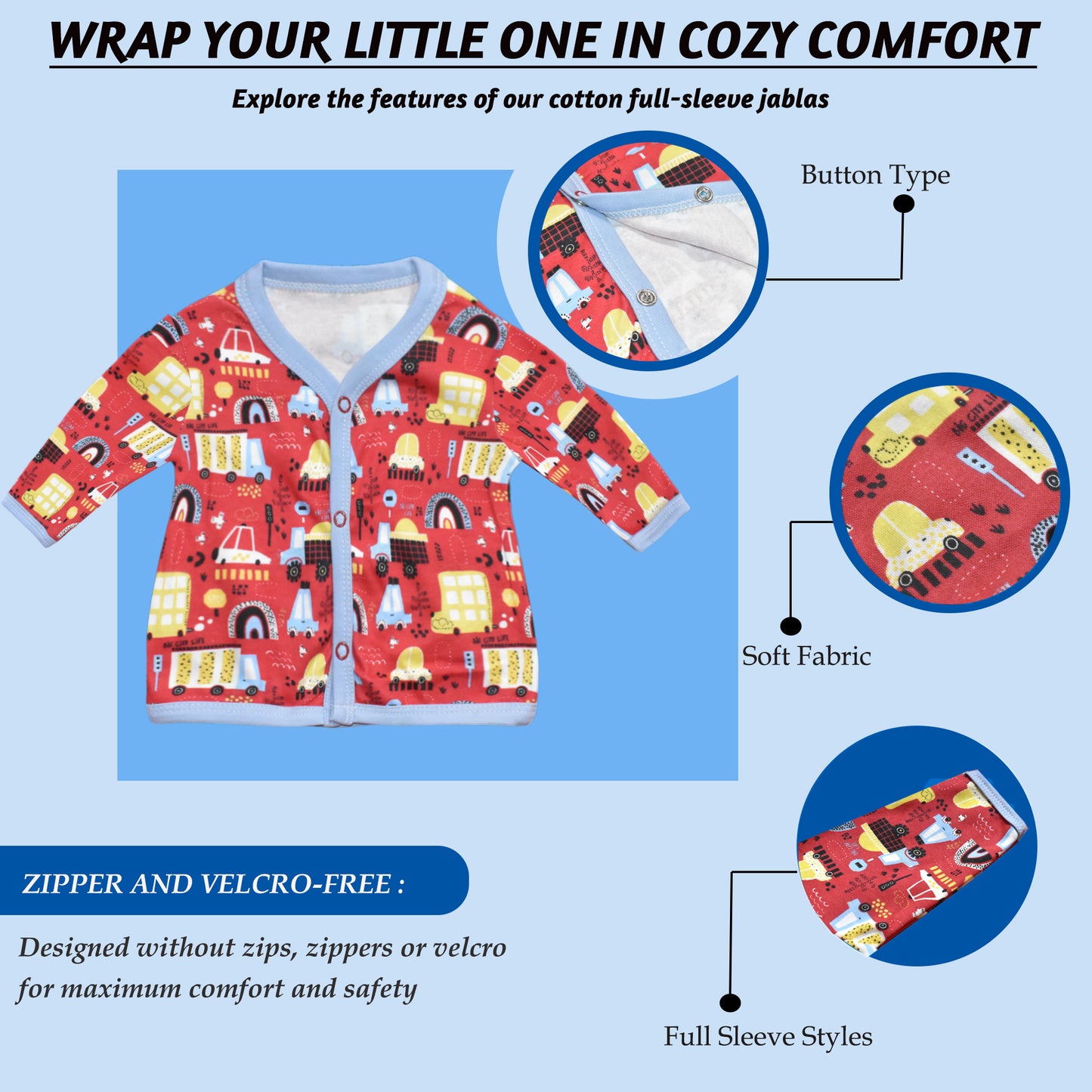 Vparents full sleeves Cotton New Born Baby Boy's & Baby Girls jabla -Multicolour - pack of 5 Assorted Design VParents