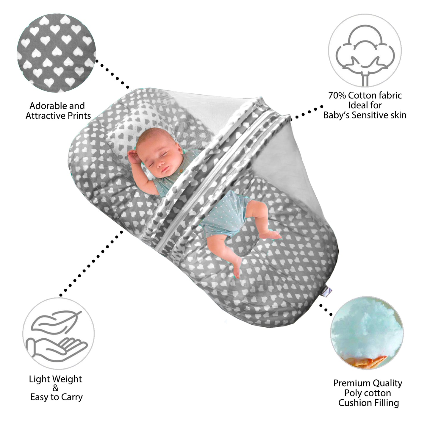 VParents   ROSY Baby Bed with Mosquito Net with Zip Closure & Neck Pillow, Baby Bedding for New Born