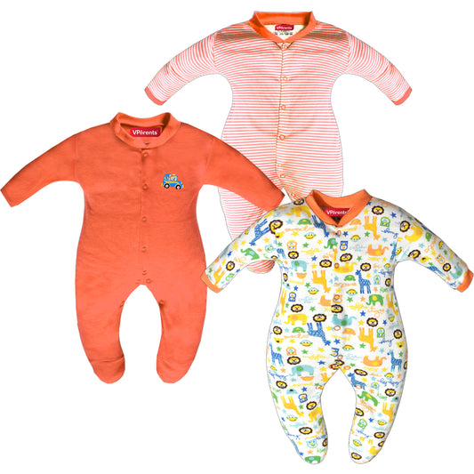 Full Length Printed Baby Footies Sleepsuit Romper Pack of 3-(Orange)