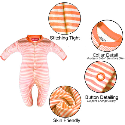 Full Length Printed Baby Footies Sleepsuit Romper Pack of 3-(Orange)