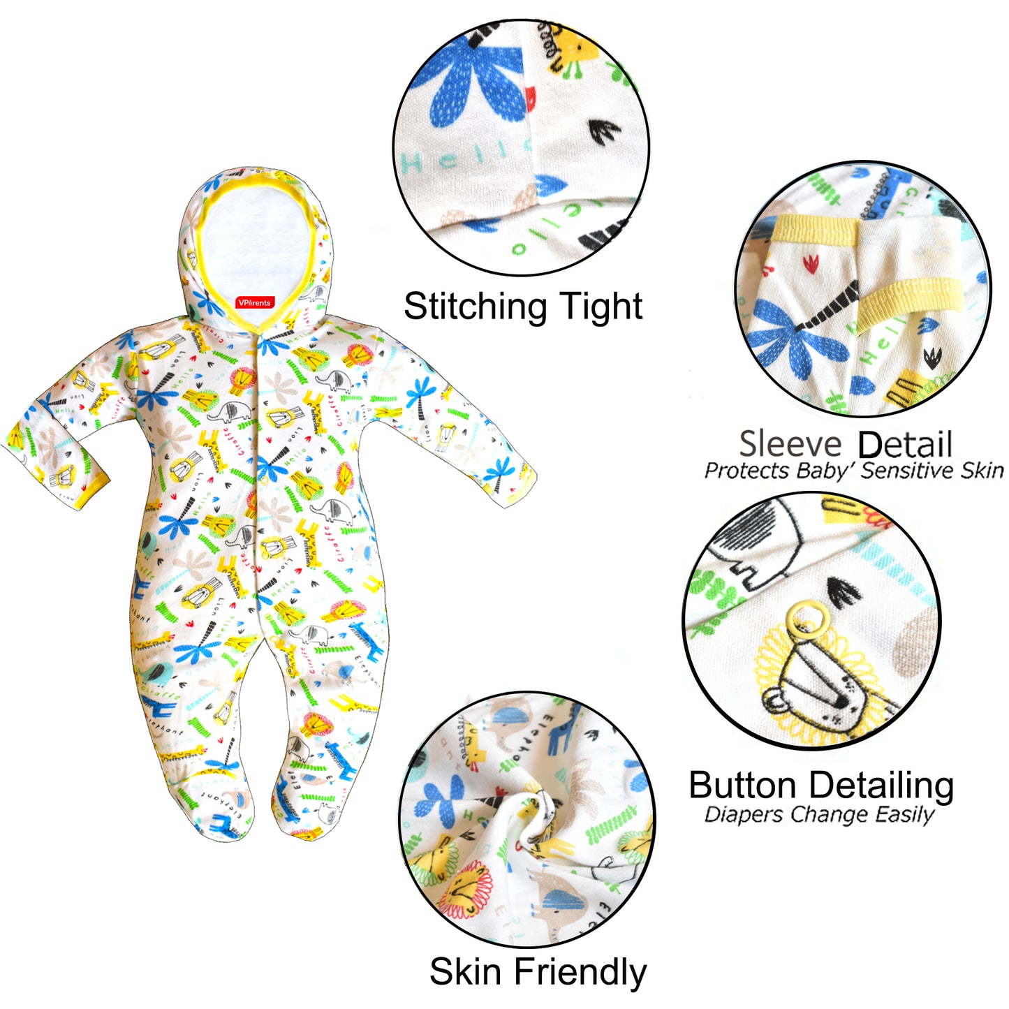 Zoey Yellow Hooded Full Sleeve Cotton Sleepsuit Rompers for boys & Girls (Pack of 2)