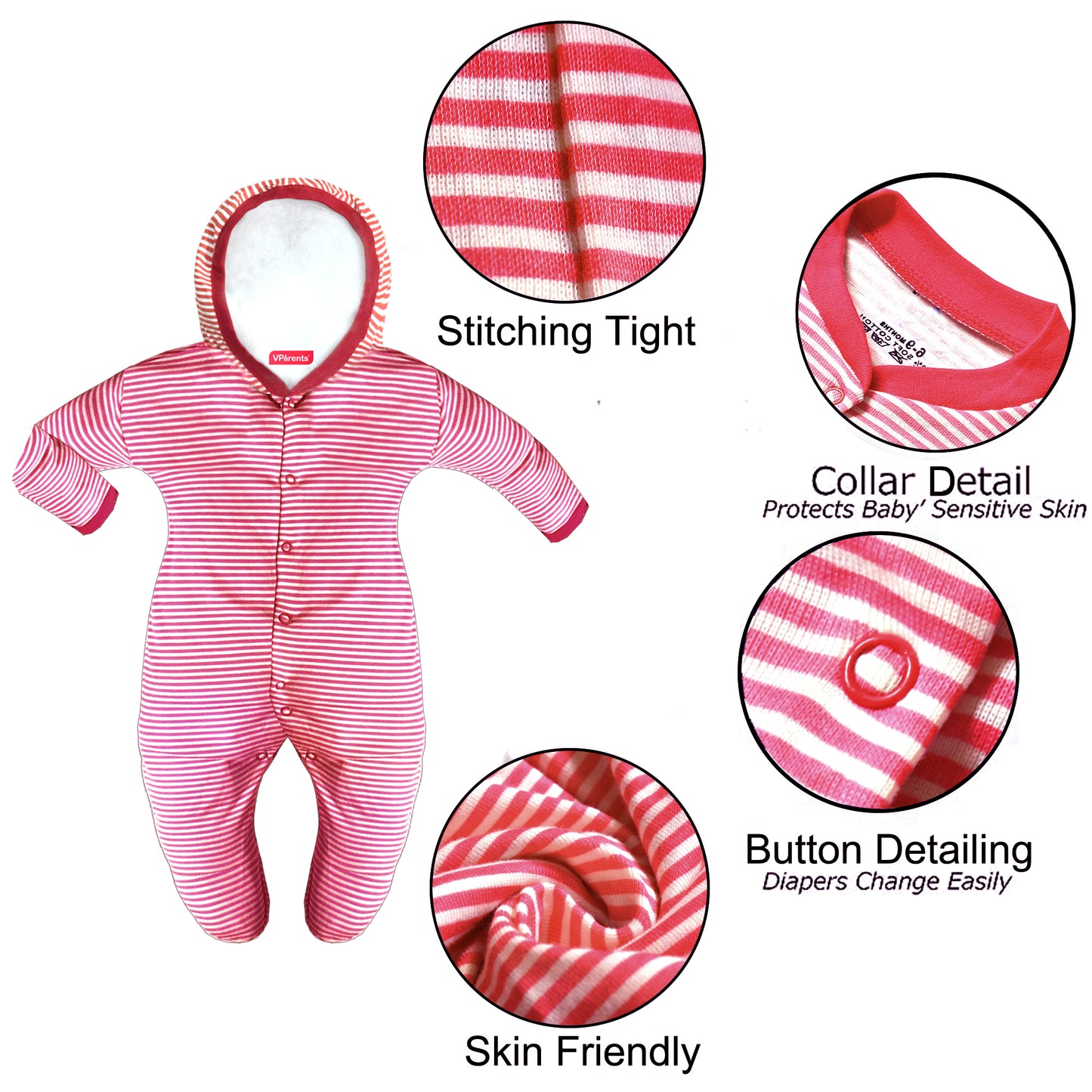 Zoey Red Hooded Full Sleeve Cotton Sleepsuit Rompers for boys & Girls (Pack of 2)