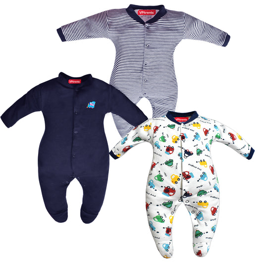 Full Length Printed Baby Footies Sleepsuit Romper Pack of 3-(Royal Blue)