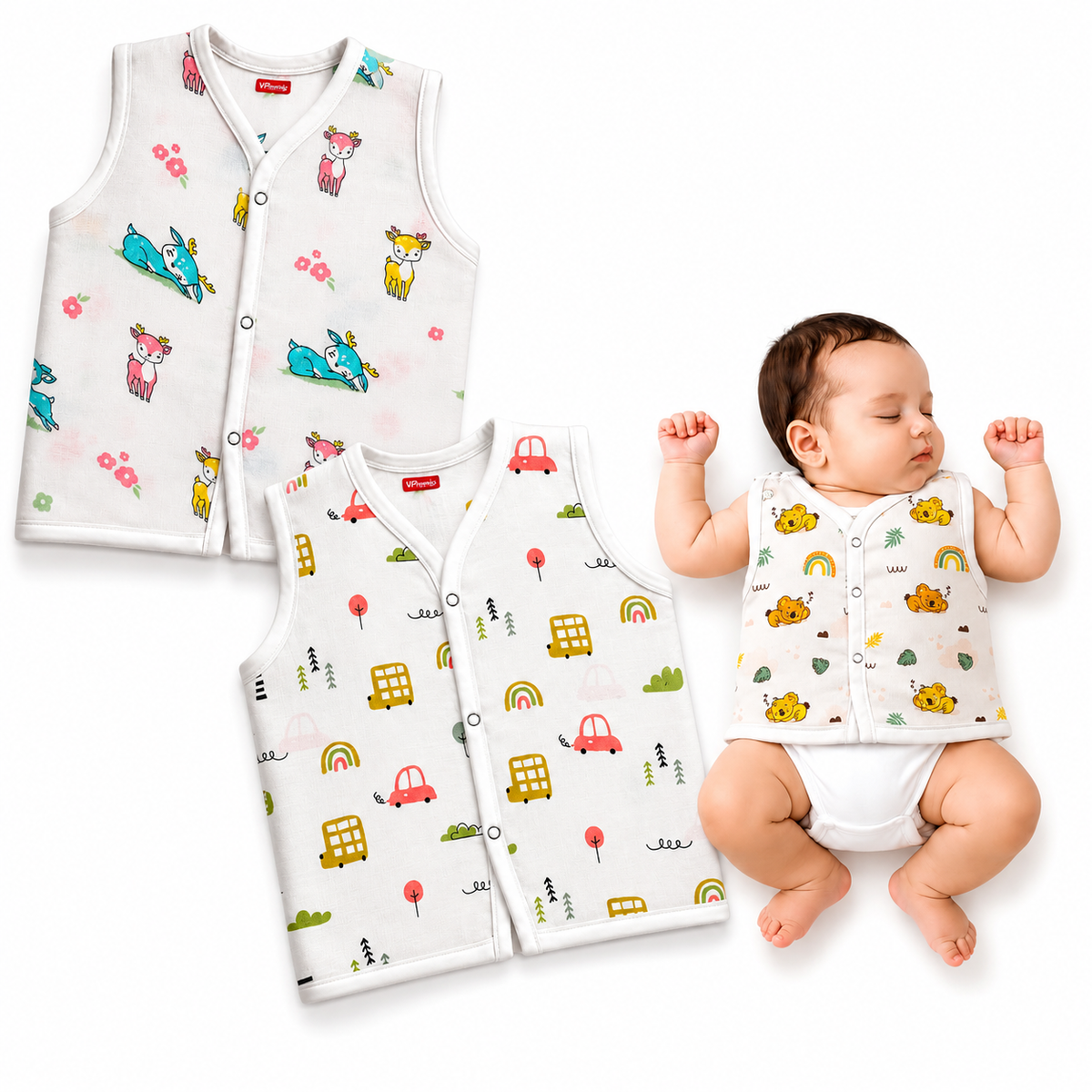 VParents Organic 100% Cotton Muslin Sleeveless button Jhabla for Boys & Girls ,Summerwear Jabala ,Sleeveless Vest Assorted