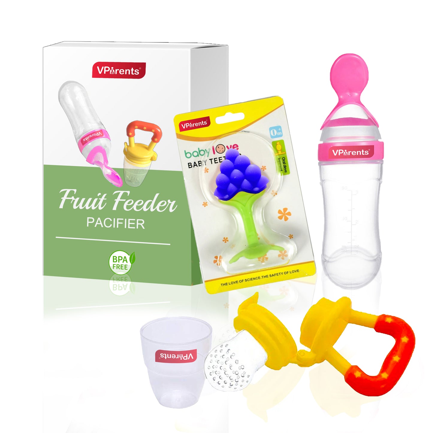 VParents Food Feeding Spoon with Squeezy Food Grade Silicone Feeder Bottle and Fruit Nibbler with Extra Mesh Combo (3
