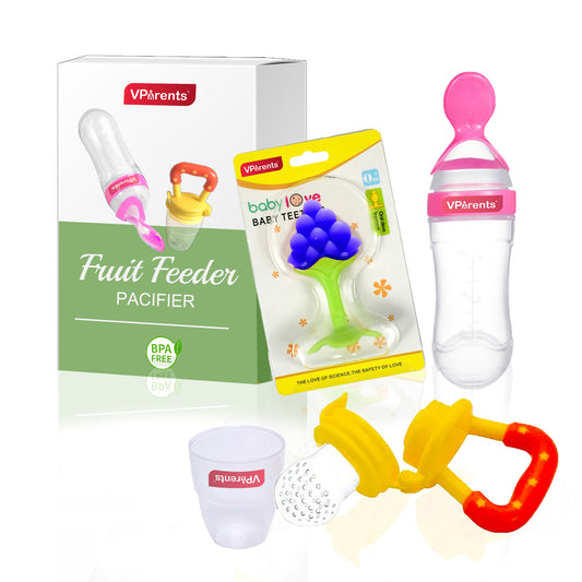 VParents Food Feeding Spoon with Squeezy Food Grade Silicone Feeder Bottle and Fruit Nibbler with Extra Mesh Combo (3