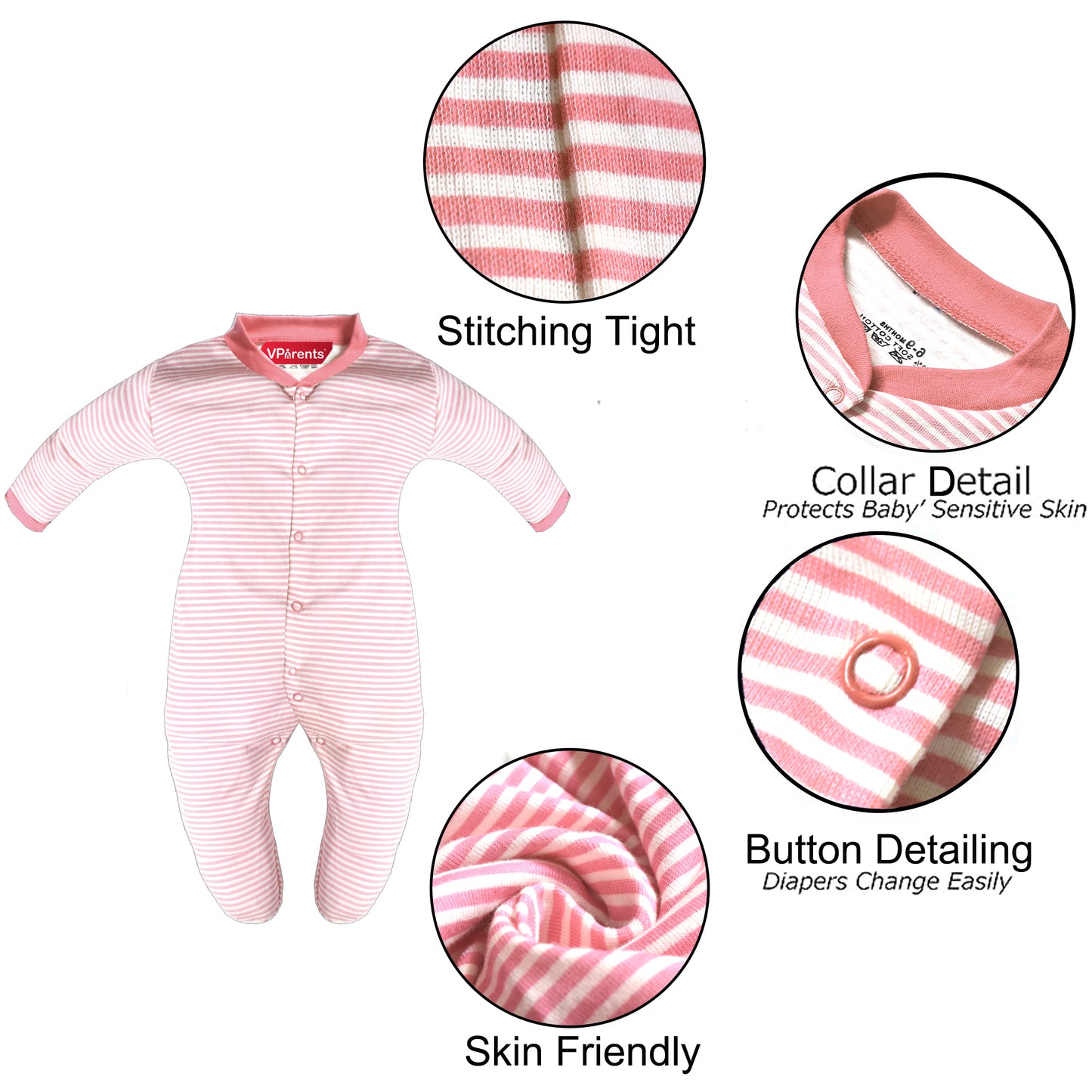 Full Length Printed Baby Footies Sleepsuit Romper Pack of 3-(Light Pink)