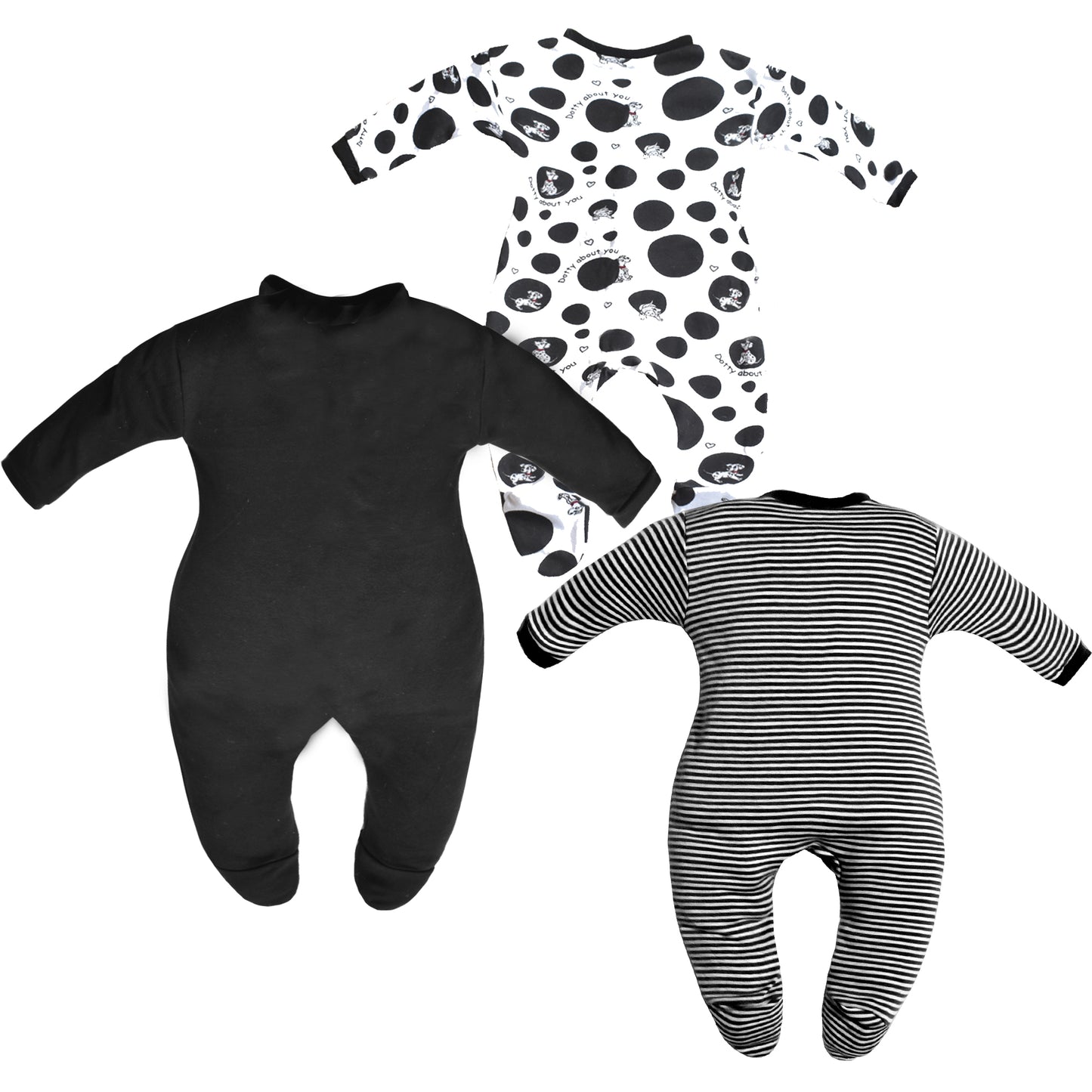 Full Length Printed Baby Footies Sleepsuit Romper Pack of 3-(Black)