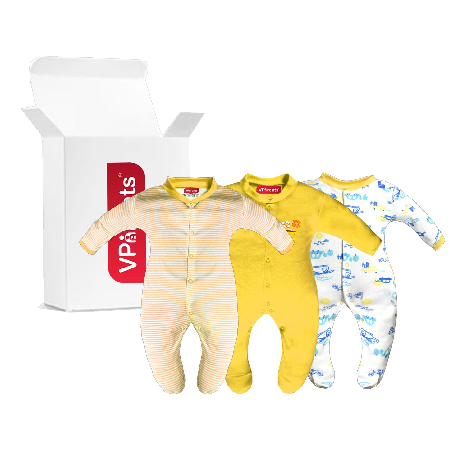 Full Length Printed Baby Footies Sleepsuit Romper Pack of 3-(Yellow)