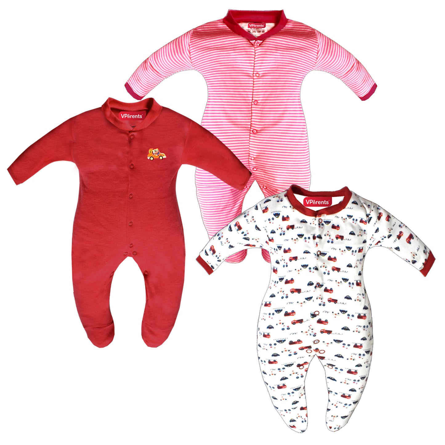 Full Length Printed Baby Footies Sleepsuit Romper Pack of 3-(Red)