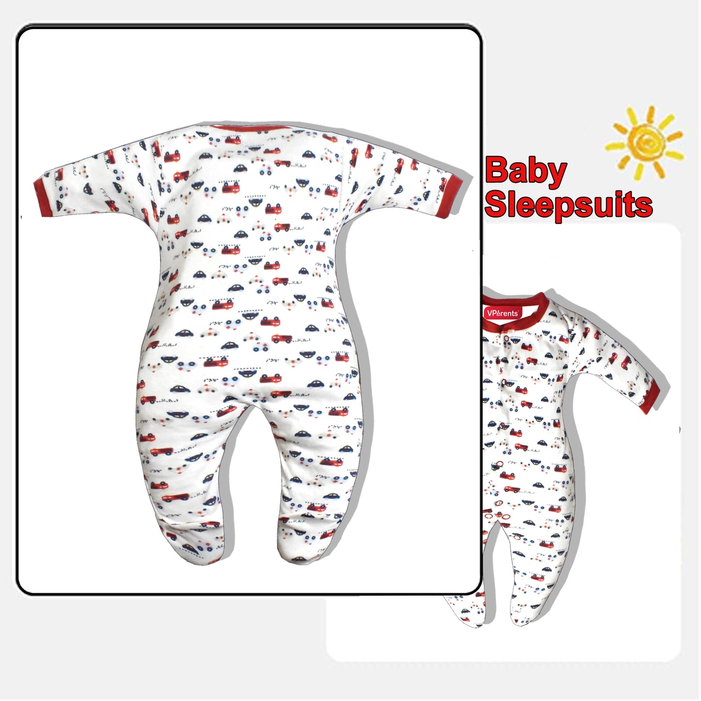 Full Length Printed Baby Footies Sleepsuit Romper Pack of 3-(Red)