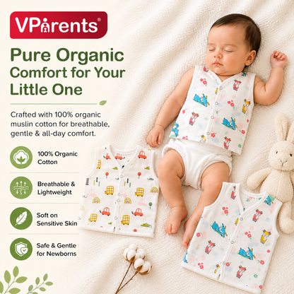 VParents Organic 100% Cotton Muslin Sleeveless button Jhabla for Boys & Girls ,Summerwear Jabala ,Sleeveless Vest Assorted