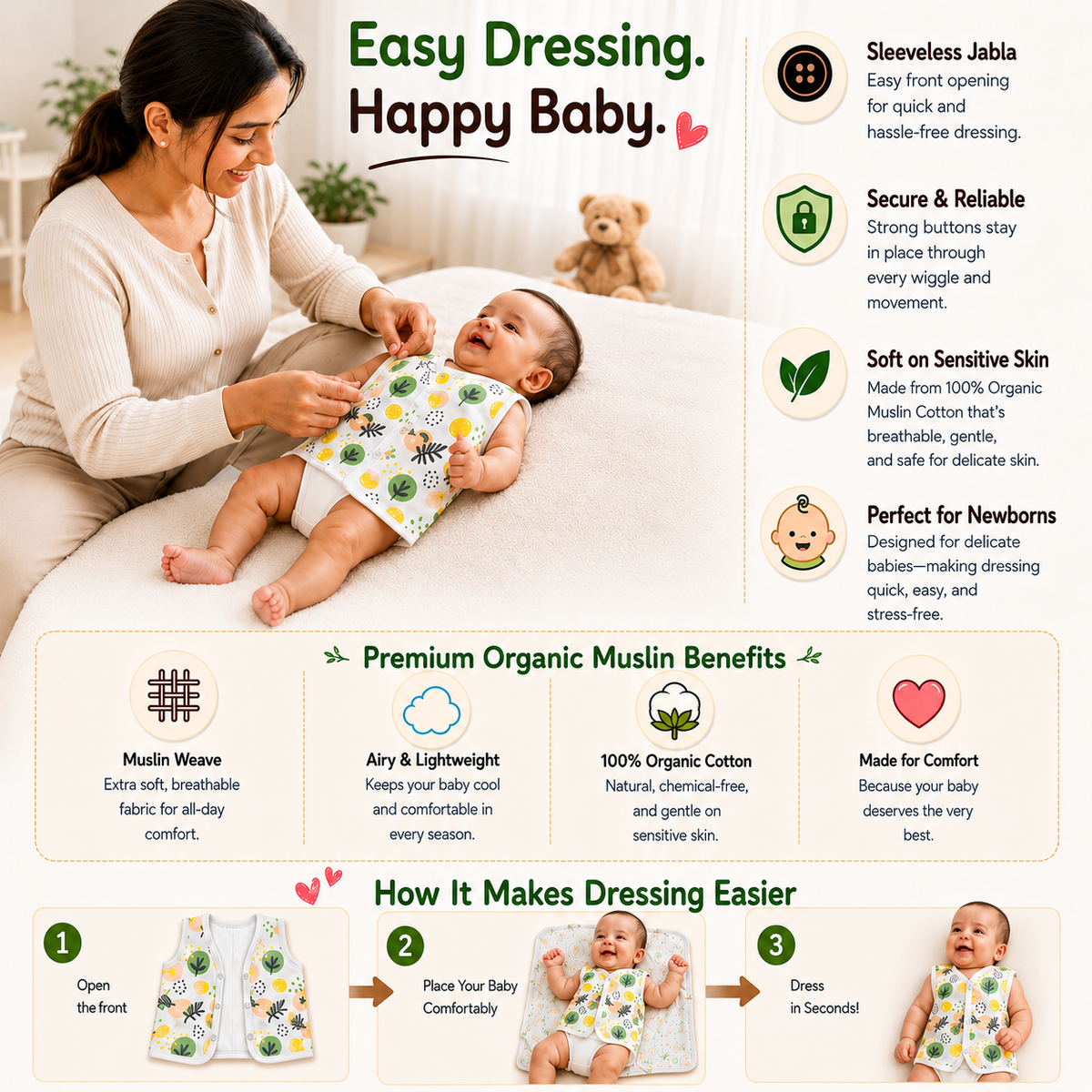 VParents Organic 100% Cotton Muslin Sleeveless button Jhabla for Boys & Girls ,Summerwear Jabala ,Sleeveless Vest Assorted