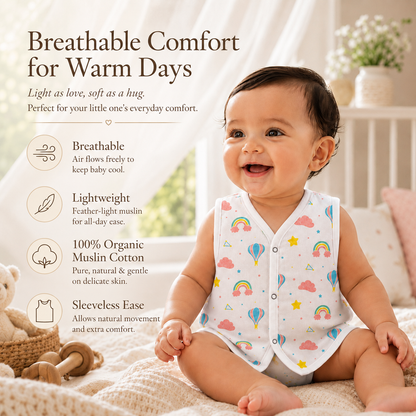 VParents Organic 100% Cotton Muslin Sleeveless button Jhabla for Boys & Girls ,Summerwear Jabala ,Sleeveless Vest Assorted