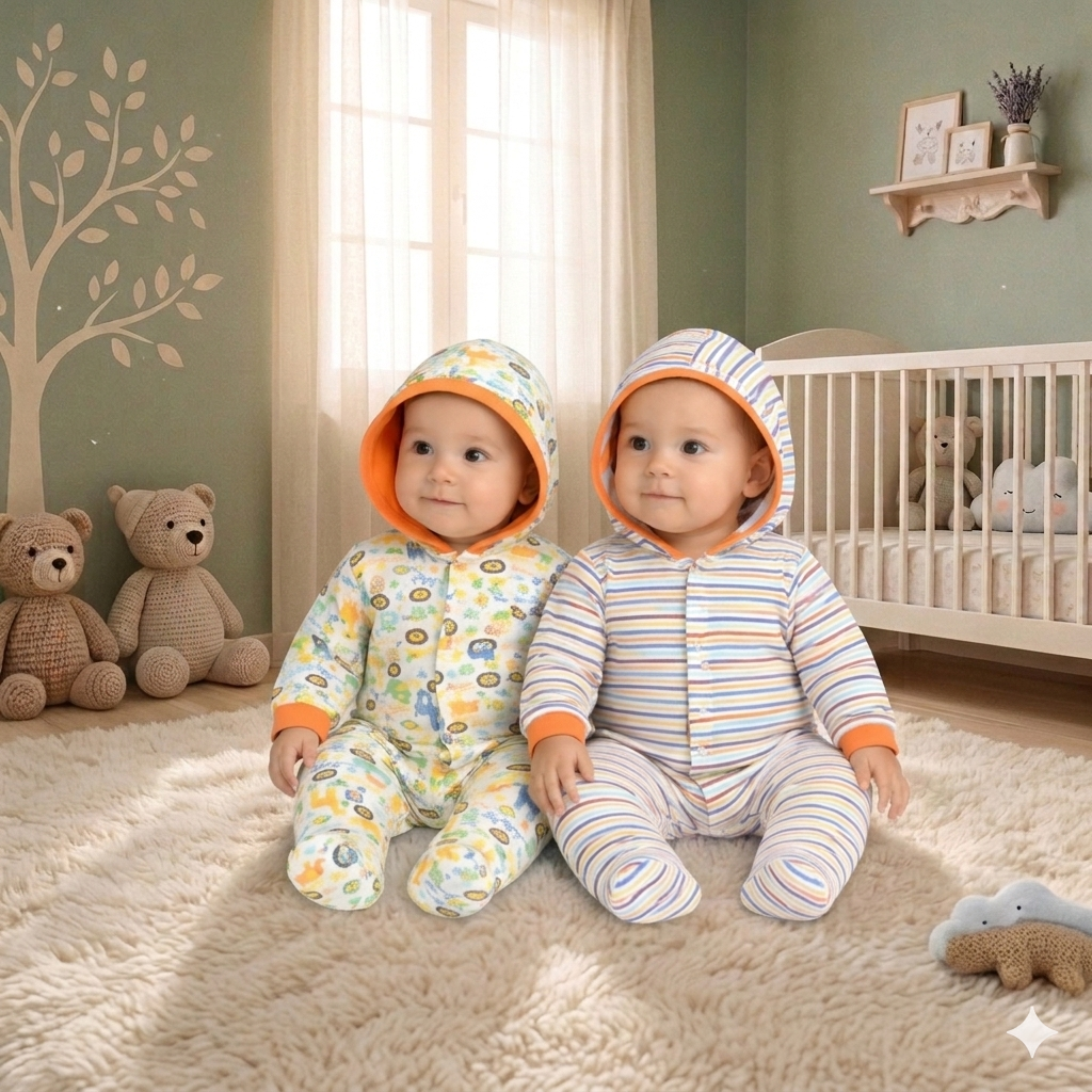 VParents Zoey Hooded Full Sleeve Cotton Baby Footies Sleepsuit Rompers for Baby Boys and Baby Girls Pack of 2