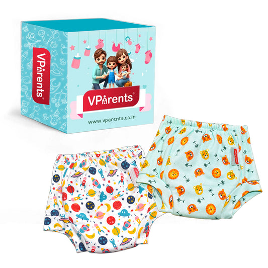 VParents Padded Underwear for Babies and Toddlers with 3 Layers of Cotton Padding Potty Training  Pull Up & Diaper-Free Time Pack of 2 (galaxy & lion)