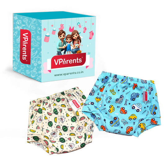VParents Padded Underwear for Babies and Toddlers with 3 Layers of Cotton Padding Potty Training  Pull Up & Diaper-Free Time Pack of 2 (car & fruit)