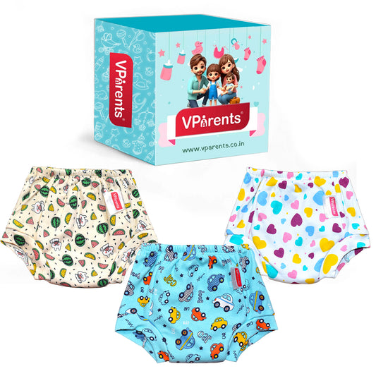 VParents Padded Underwear for Babies and Toddlers with 3 Layers of Cotton Padding Potty Training  Pull Up & Diaper-Free Time Pack of 3 (car, fruit & heart)