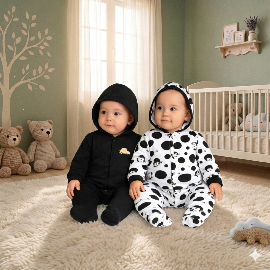VParents Zoey Hooded Full Sleeve Cotton Baby Footies Sleepsuit Rompers for Baby Boys and Baby Girls Pack of 2