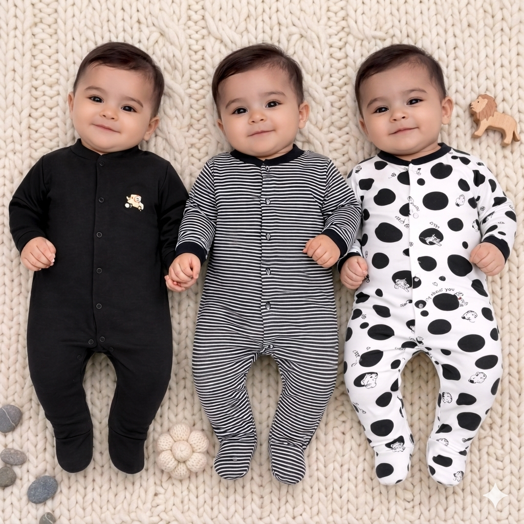 VParents Aqua  Full Length Printed Baby Footies Sleepsuit Romper Pack of 3