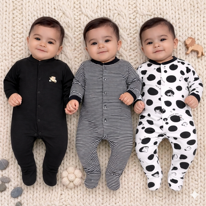 VParents Aqua  Full Length Printed Baby Footies Sleepsuit Romper Pack of 3