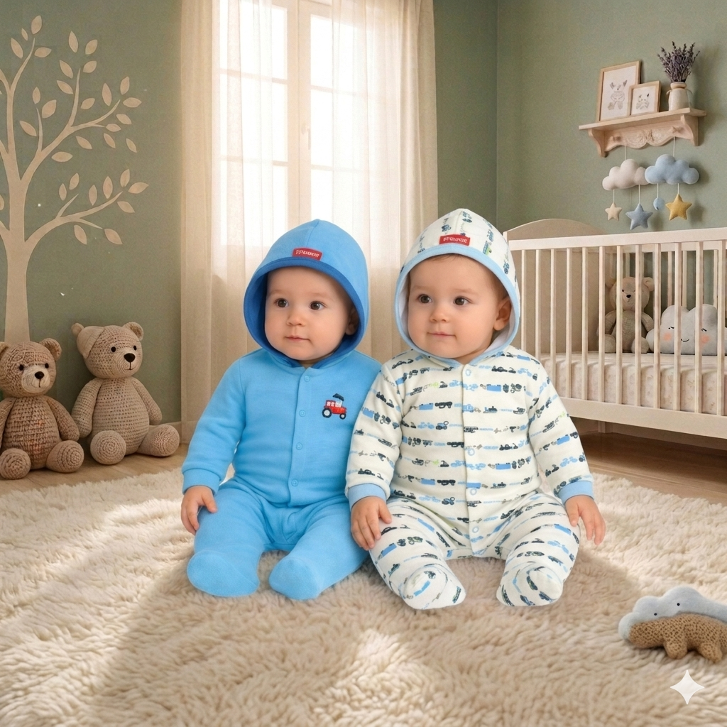 VParents Zoey Hooded Full Sleeve Cotton Baby Footies Sleepsuit Rompers for Baby Boys and Baby Girls Pack of 2