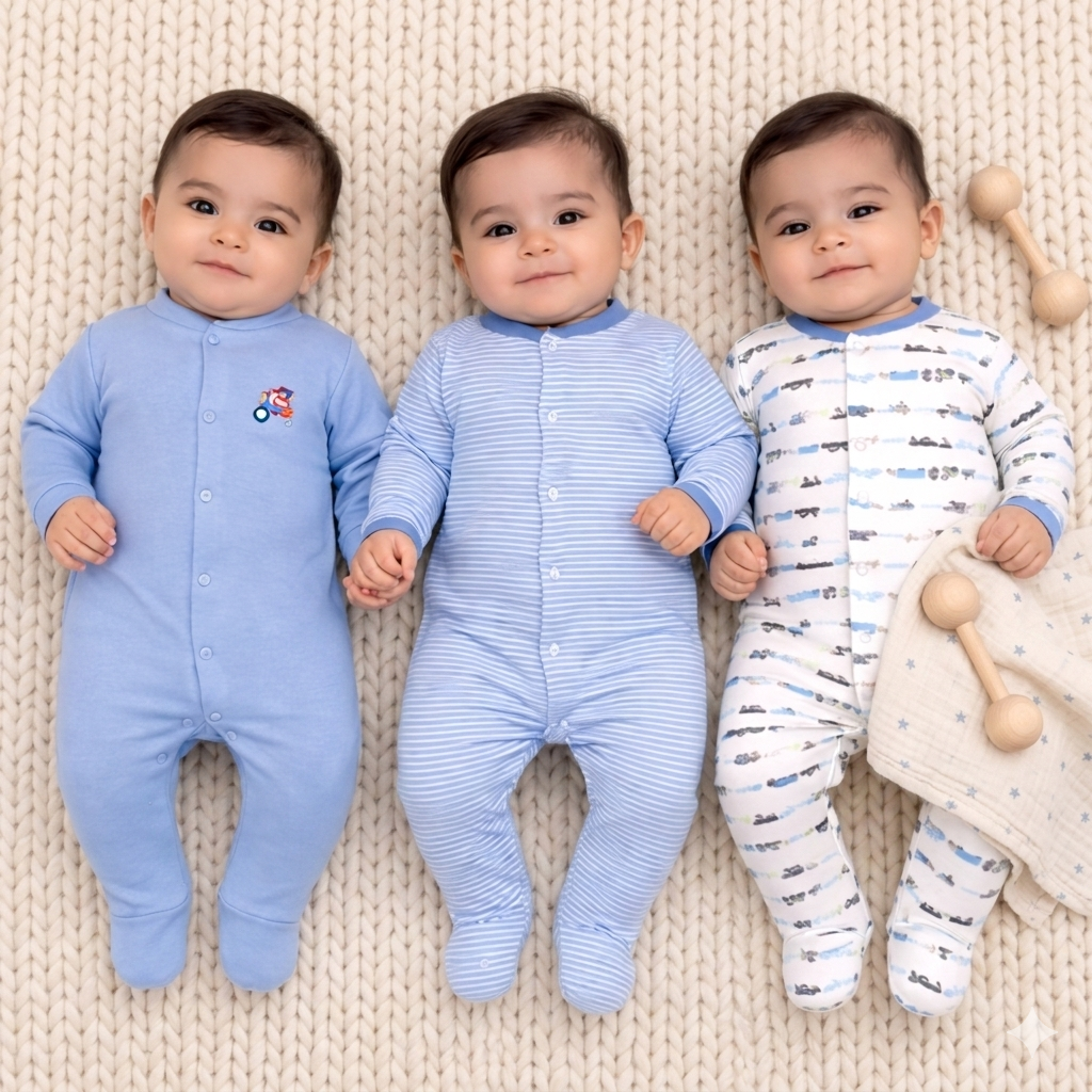 VParents Aqua  Full Length Printed Baby Footies Sleepsuit Romper Pack of 3