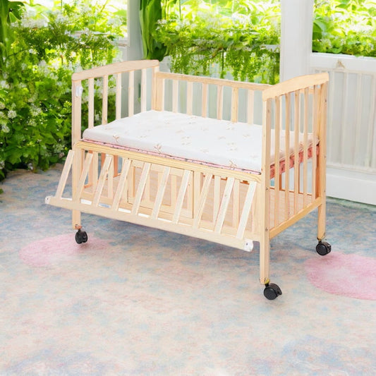 VParents Wooden Multi Usage Baby Crib Cot Cradle Bed with Mattress and Mosquito Net with Storage Space 0-3 Year