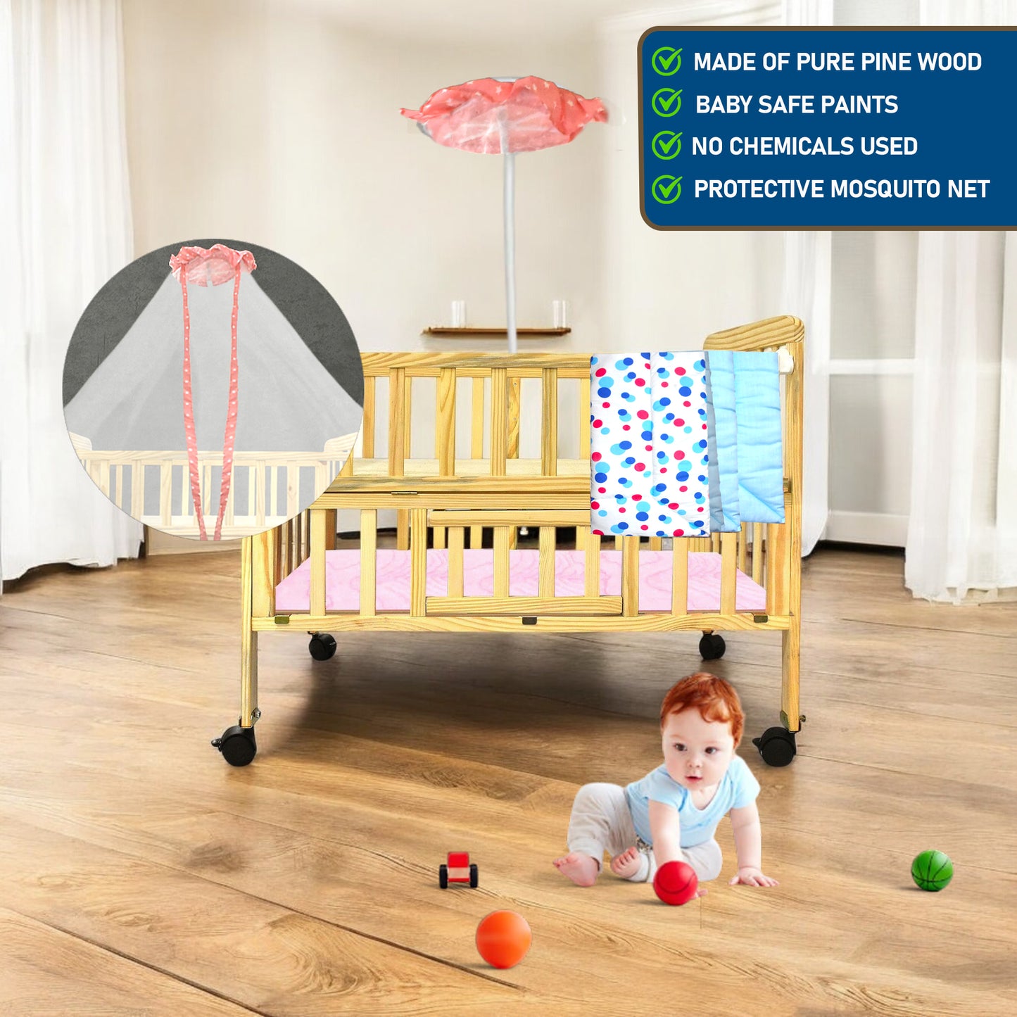 VParents Wooden Multi Usage Baby Crib Cot Cradle Bed with Mattress and Mosquito Net with Storage Space 0-3 Year