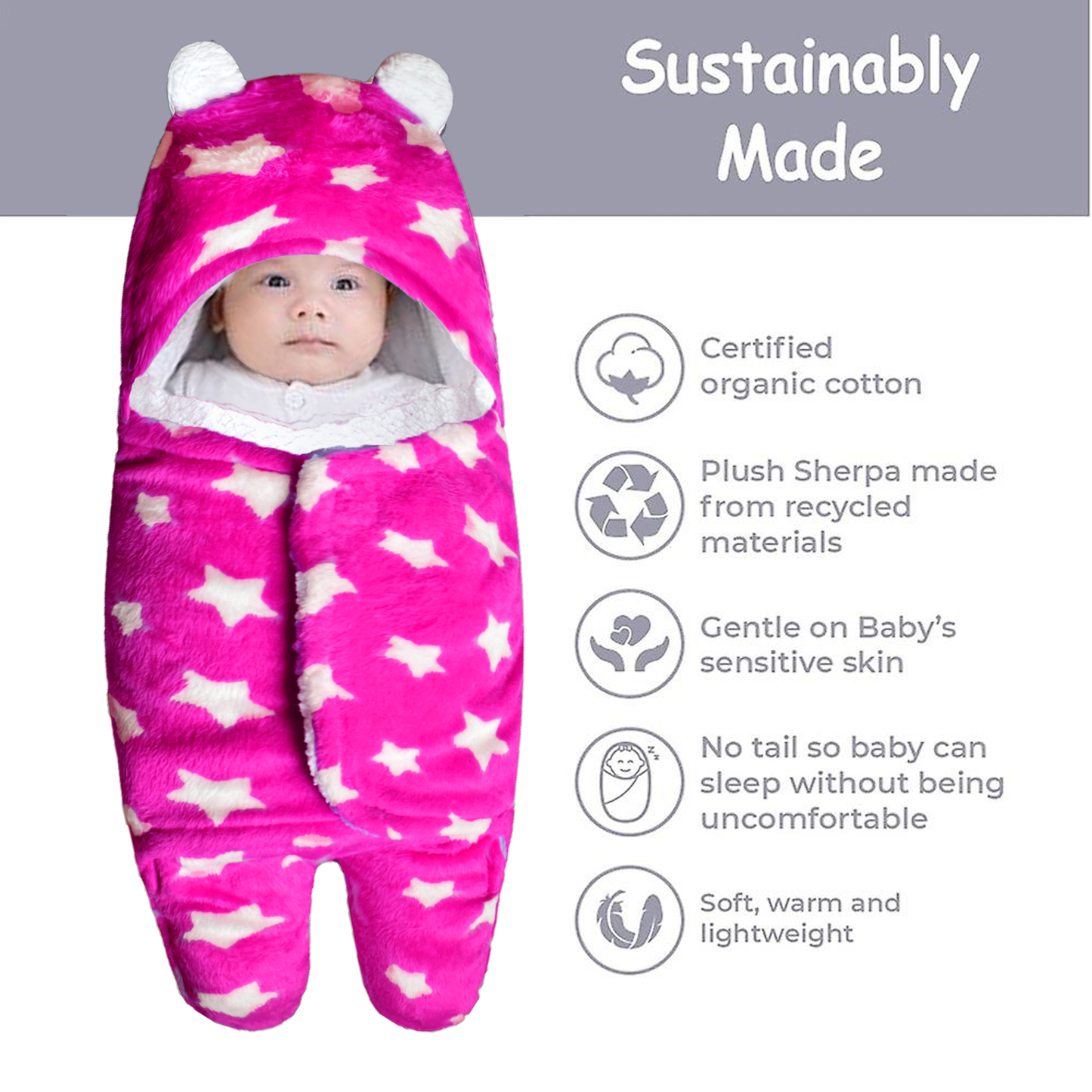 VParents  Soft Hooded Baby Blanket Wrapper for New Born (0-6months)