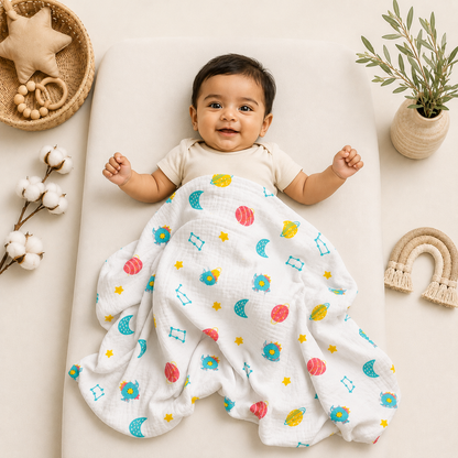 VParents 100% Cotton Muslin Baby Swaddle Set, Printed Muslin Swaddle Wrap for New Born Baby, 95cm x 100cm, 0-18 Month