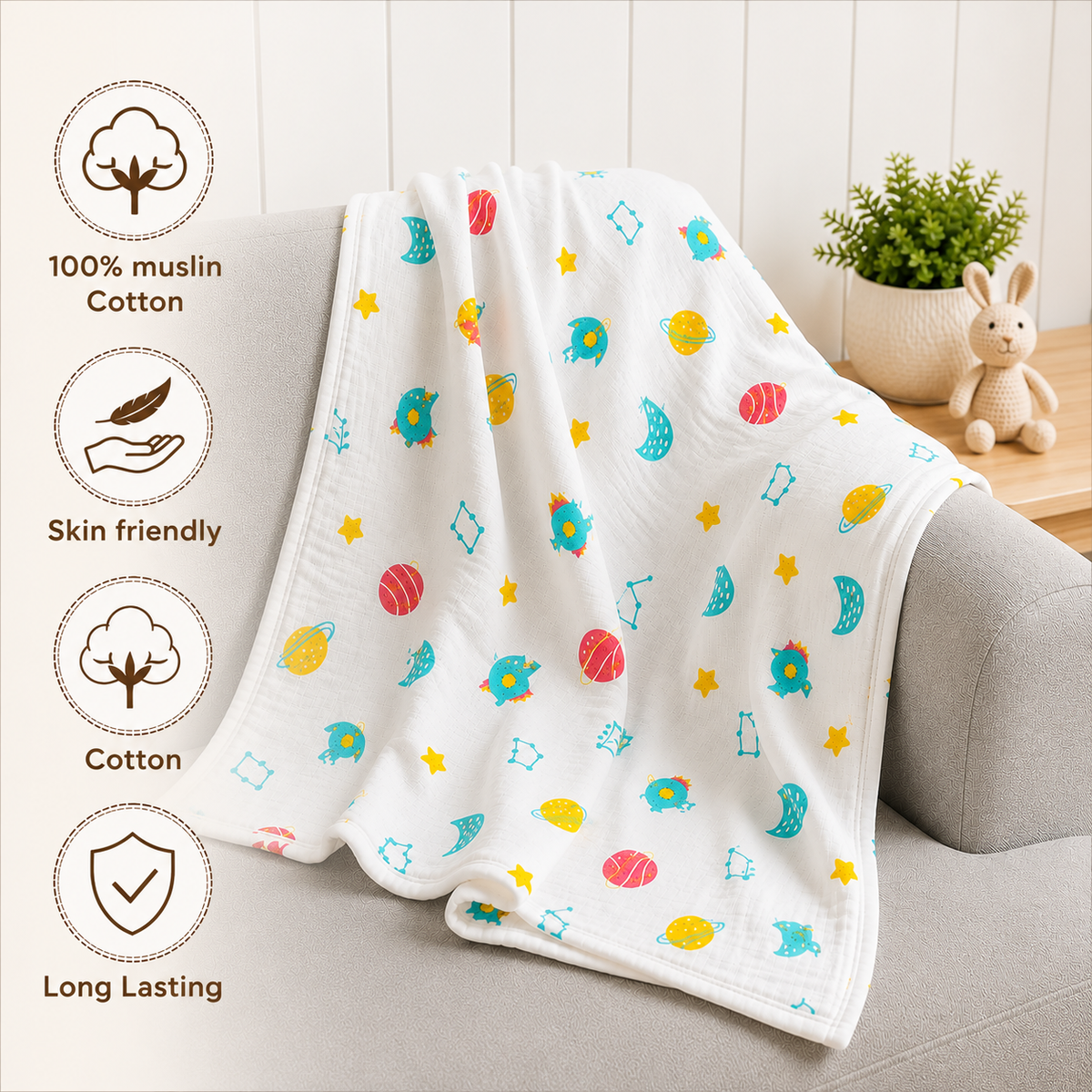 VParents 100% Cotton Muslin Baby Swaddle Set, Printed Muslin Swaddle Wrap for New Born Baby, 95cm x 100cm, 0-18 Month