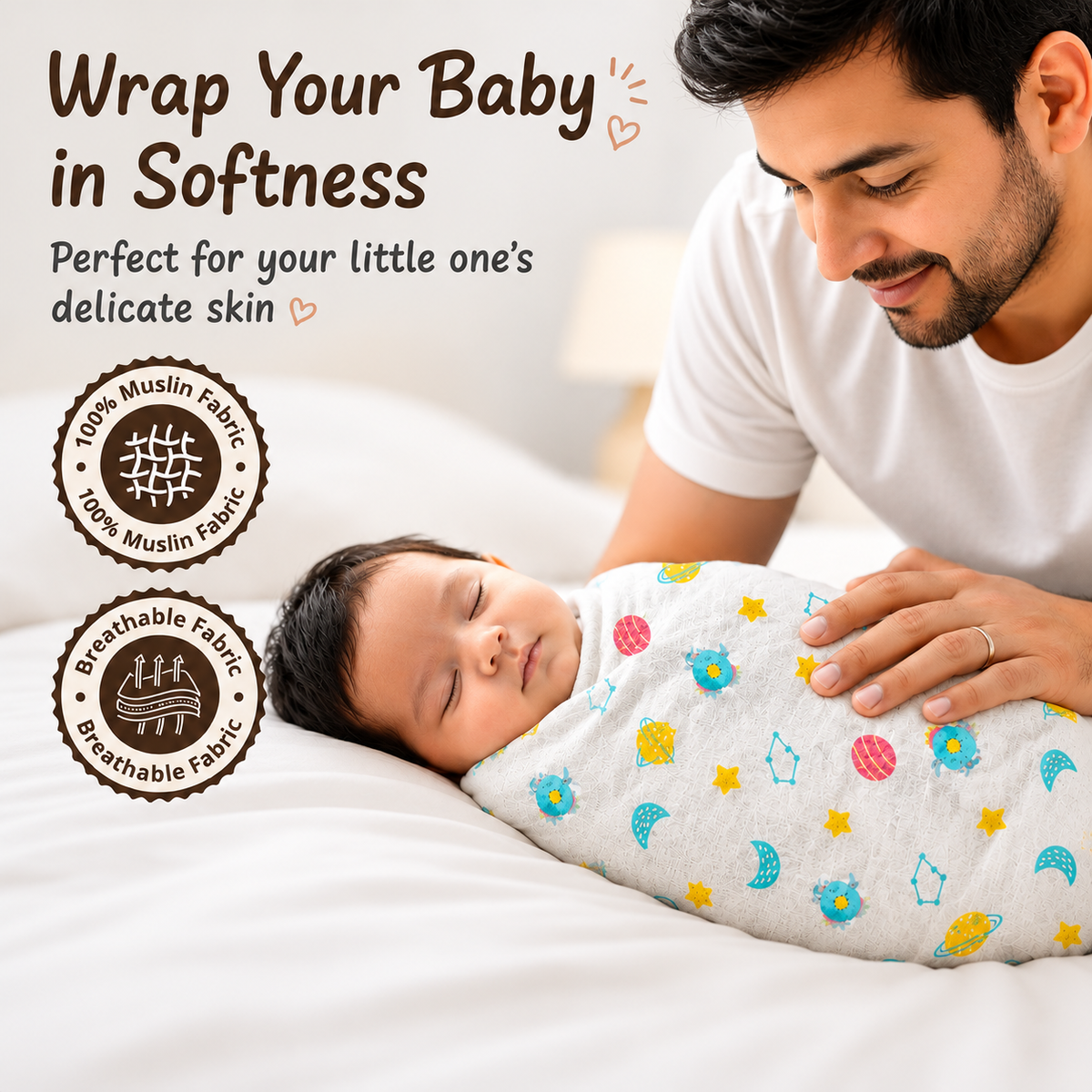 VParents 100% Cotton Muslin Baby Swaddle Set, Printed Muslin Swaddle Wrap for New Born Baby, 95cm x 100cm, 0-18 Month