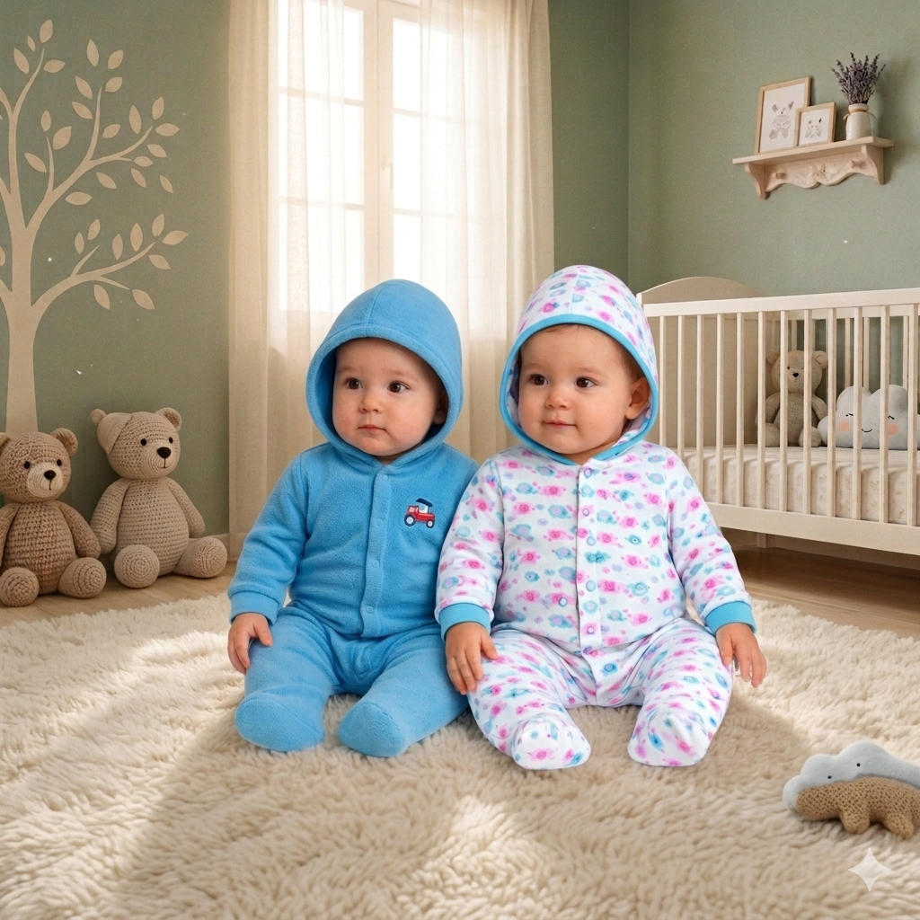 VParents Zoey Hooded Full Sleeve Cotton Baby Footies Sleepsuit Rompers for Baby Boys and Baby Girls Pack of 2