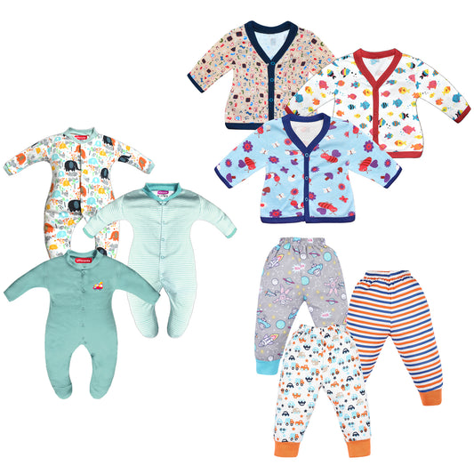 Vparents full sleeves Cotton New Born Baby Boy's & Baby Girls Jabla, sleepsuits and pajama - Multicolor - pack of 9  Assorted Design