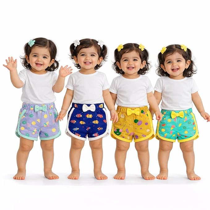 VParents Cotton Girls Baby Shorts for Infant and Toddler Printed - Multi-Coloured