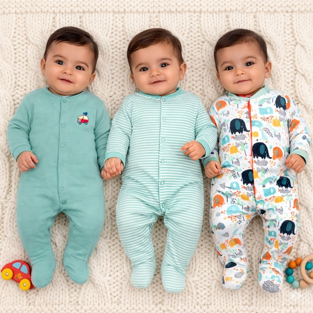 VParents Aqua  Full Length Printed Baby Footies Sleepsuit Romper Pack of 3