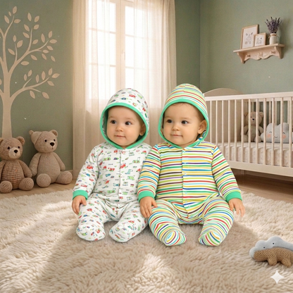 VParents Zoey Hooded Full Sleeve Cotton Baby Footies Sleepsuit Rompers for Baby Boys and Baby Girls Pack of 2