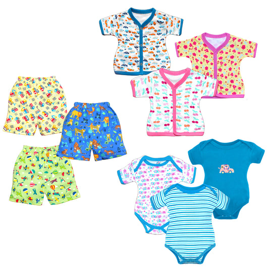 Vparents half sleeves Cotton New Born Baby Boy's & Baby Girls Jabla and shorts - Multicolor - pack of 9  Assorted Design