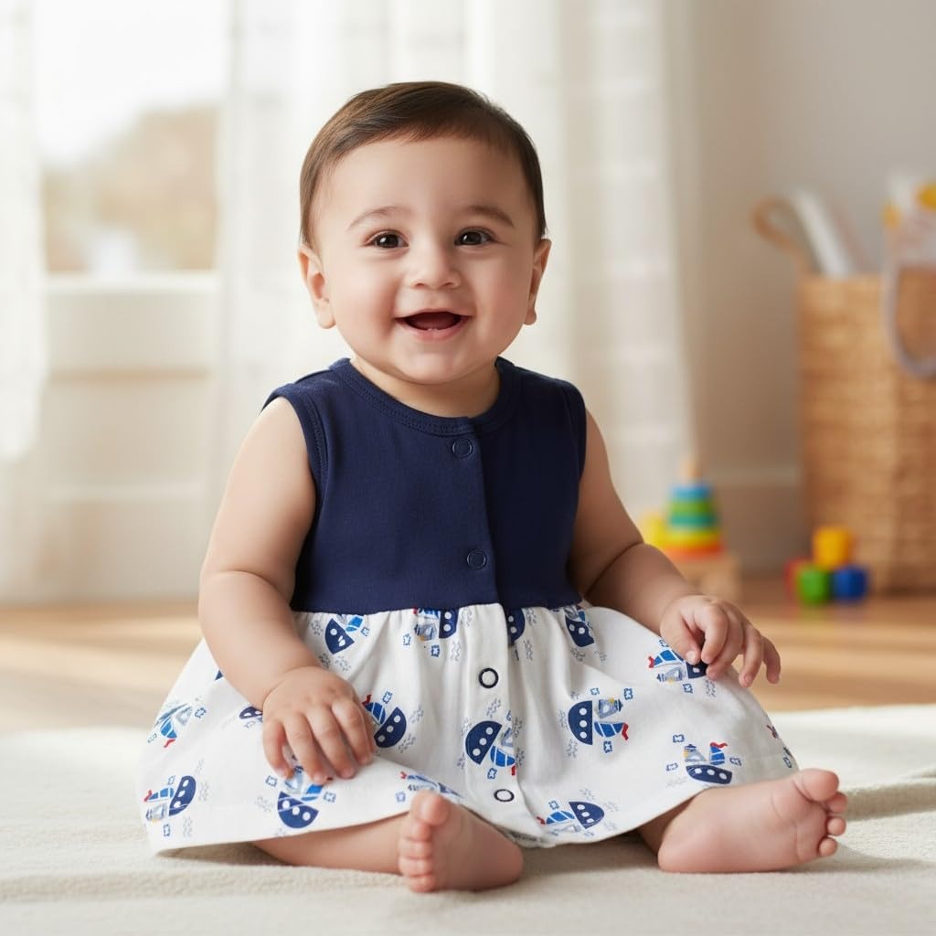 VParents Cotton Knee-Length Sleeveless Girls 6-12 months Frock pack of 4