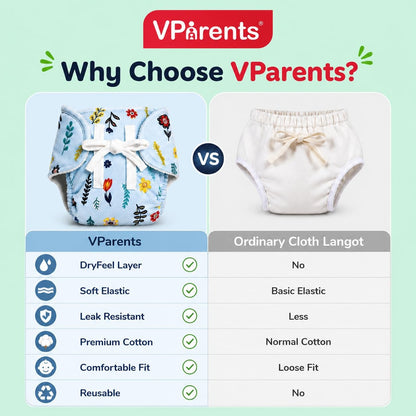 VParents DryFeel Baby Langot 0-6 months l Cotton Modern Baby Nappy l Mess-free Langot with soft Elastics l DryFeel Top Layer l Diaper-free Time Essential(Pack os 3) Zigzag icecream and leaf
