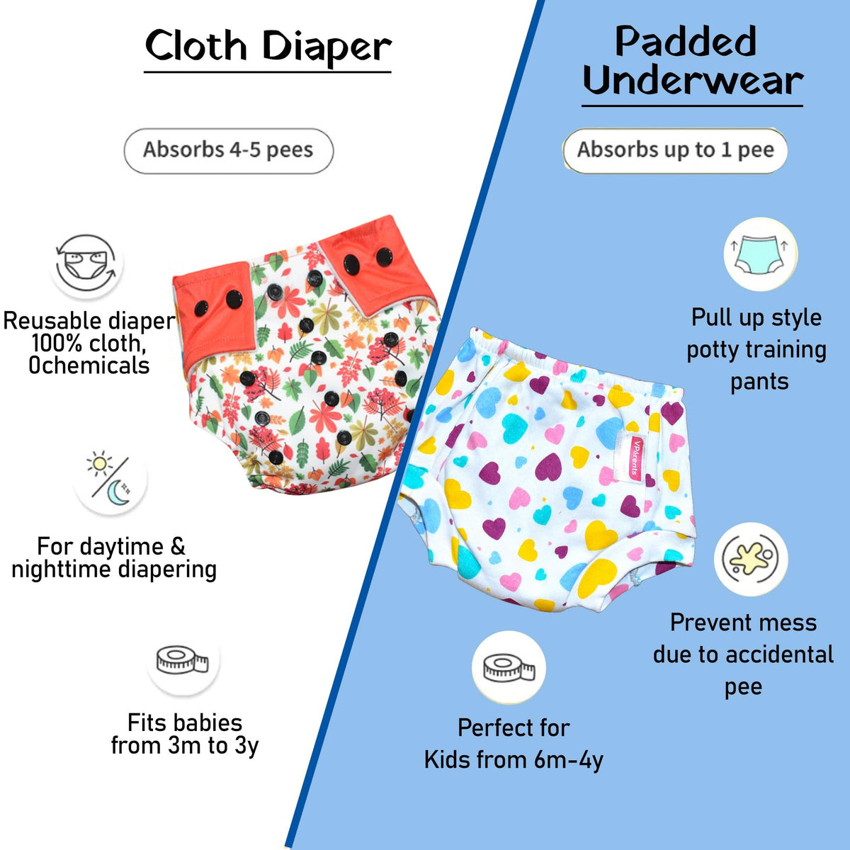 Vparents 6 in 1 Combo of  Padded Underwear Nappies and Cloth Diaper with insert for Diaper-Free Time (6-12 month) Assorted Design