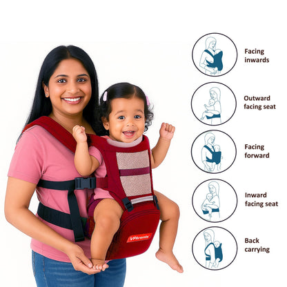 VParents Hip Seat Baby Carrier with 4 Carry Positions, Baby Carrier with Hip seat for 3 to 36 Months Baby, Adjustable New-Born to Toddler Carrier, Max Weight Up to 15 Kgs  Royal(Red)